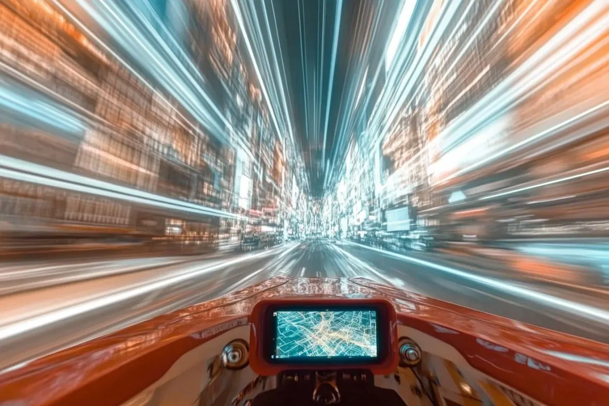 A map in the center of the image from the view behind the windshield of a futuristic vehicle, moving so quickly that light trails are visible. The map shows a city with various points of interest marked, and a route highlighted in blue.