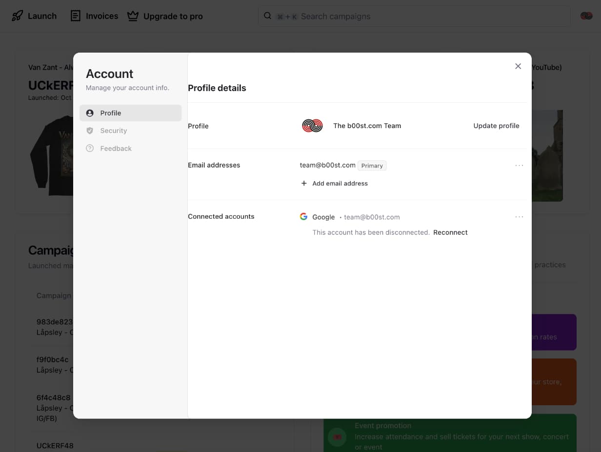 The b00st.com dashboard with the search command box showing 'Baseball Song of The Summer'