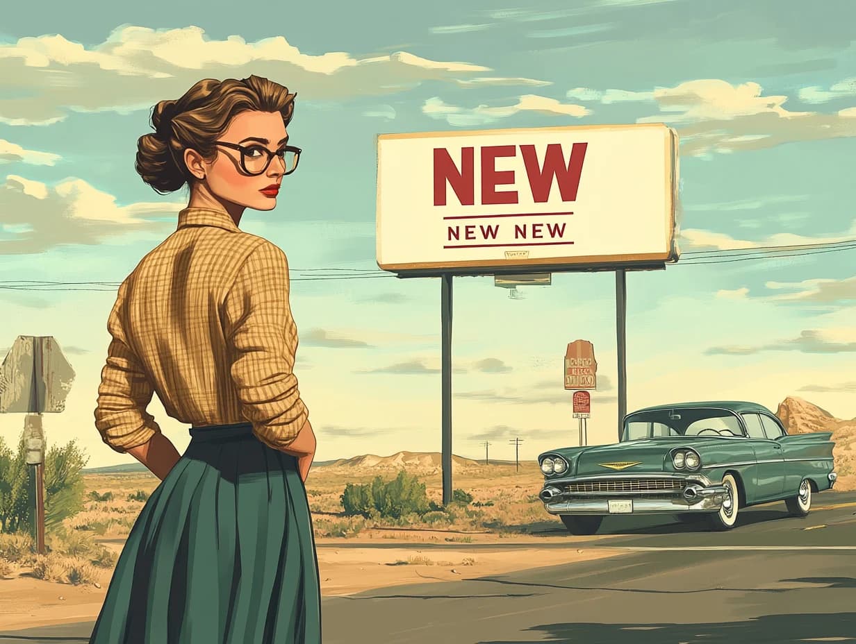 A classic Las Vegas-like drawing from the 1950s displaying a billboard with 'New' and a smiling lady to introduce the new b00st.com app.