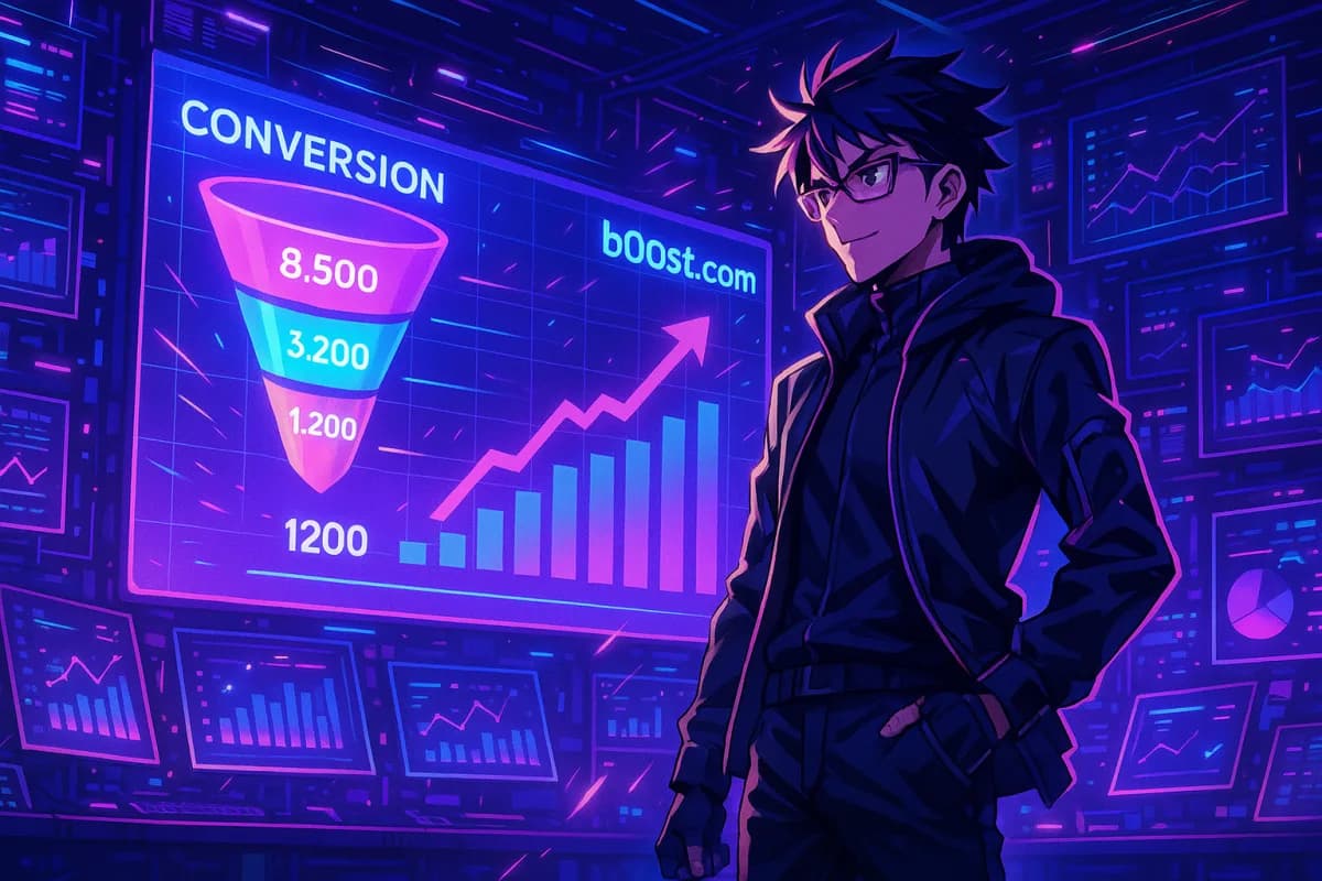 An anime-style hacker lair filled with glowing data dashboards, floating holographic charts, and high-tech interfaces. A stylish, confident anime character in sleek techwear is standing in front of a massive, vibrant screen showing a conversion funnel with sales metrics climbing. The environment is electric — neon purples, blues, and pinks dominate the color palette. The vibe is cyberpunk-meets-startup — high energy, visually dense, and futuristic. Include b00st.com’s name subtly on the dashboard screen in a cool, modern font. Emphasize a “new feature launch” feel, with spark-like glows and motion lines suggesting momentum and speed.